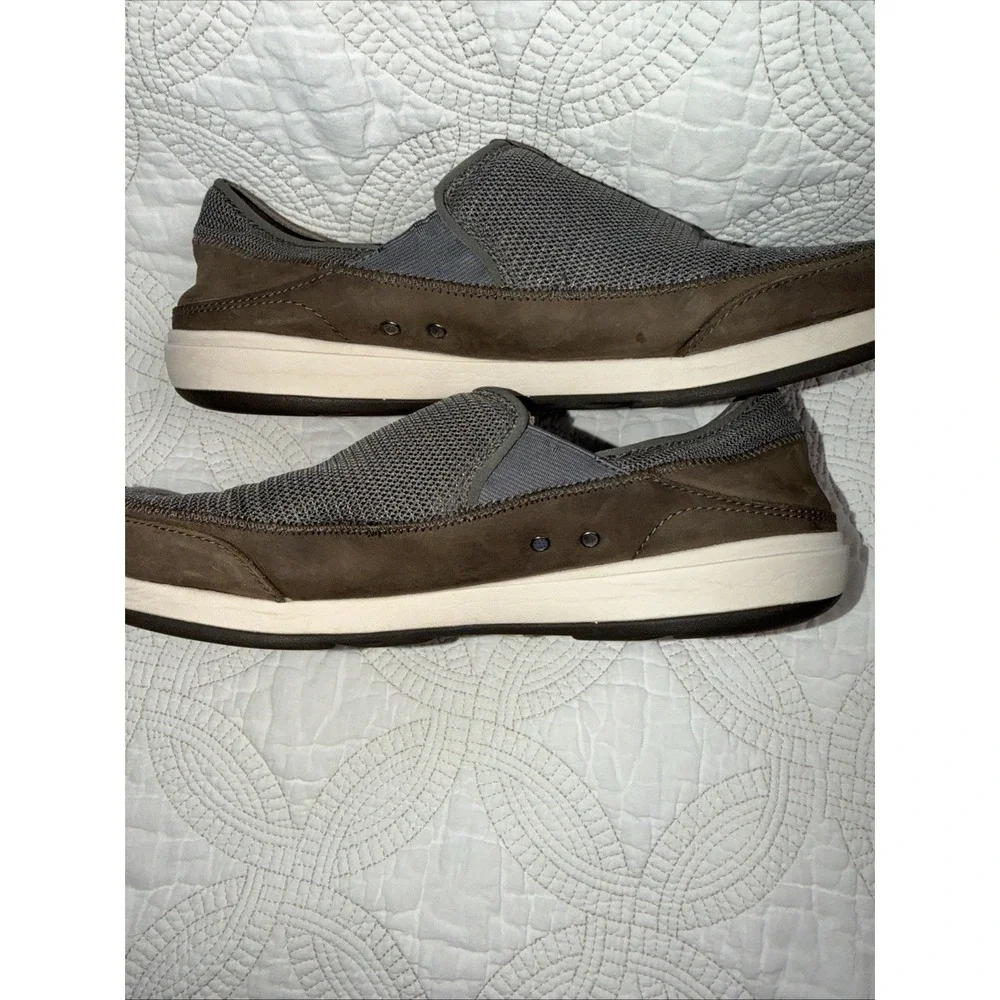Olukai Makia Men's 12 Slip On‎ Loafer Gray Mesh Brown Leather Boat Shoes